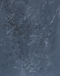 Abstract painting on dark gray background with scattered black marks and faint light-colored scratch patterns