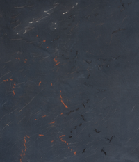 Dark greyish-blue minimalist painting featuring sparse thin white lines and small orange and black accents