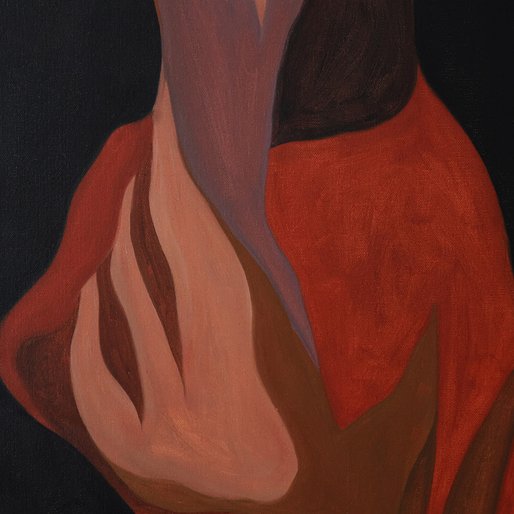 Abstract oil painting with interwoven shapes in shades of red brown and purple on a black background