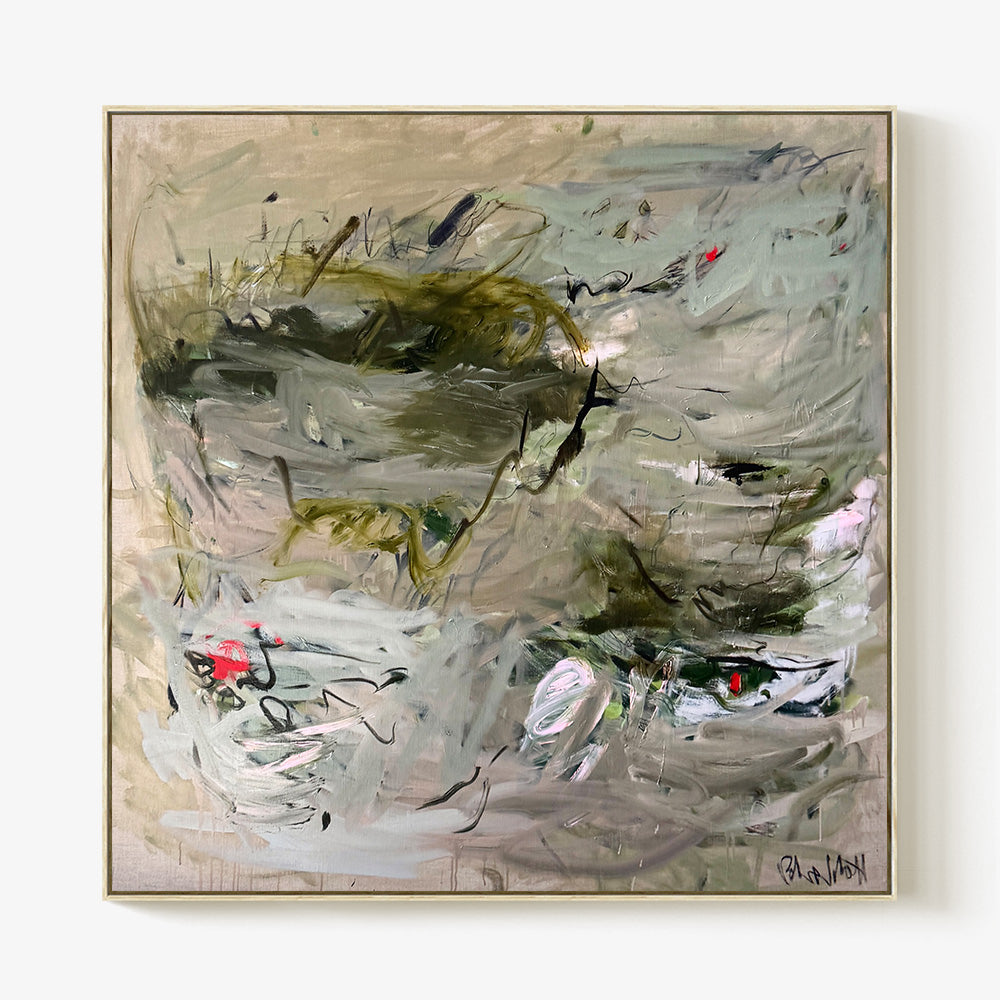 Square abstract painting with flowing gestural brushstrokes in shades of olive green grey and soft white
