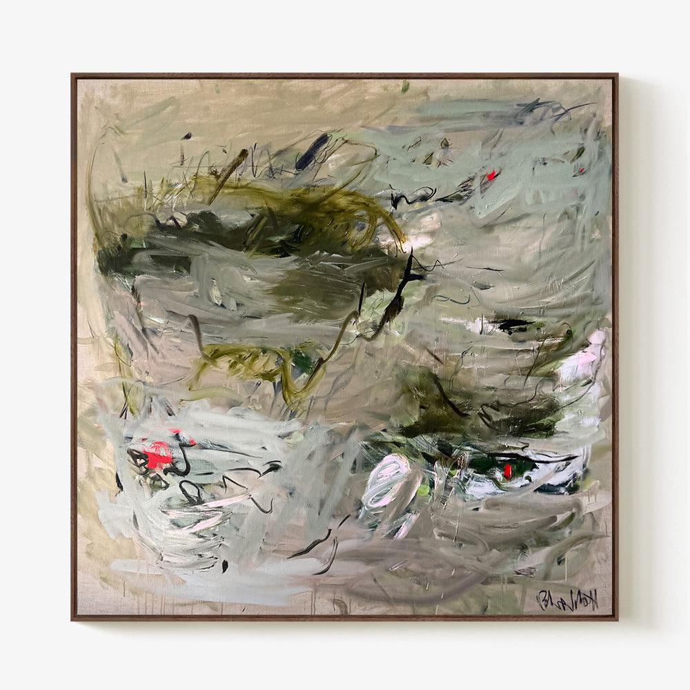 Framed square abstract painting with organic layered brushwork in olive green slate and neutral tones