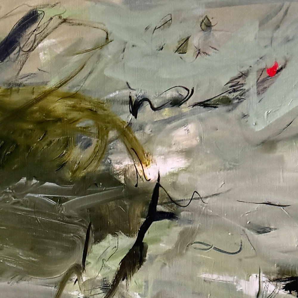 Close-up detail of an abstract painting showing layered expressive brushstrokes in dark olive and soft grey