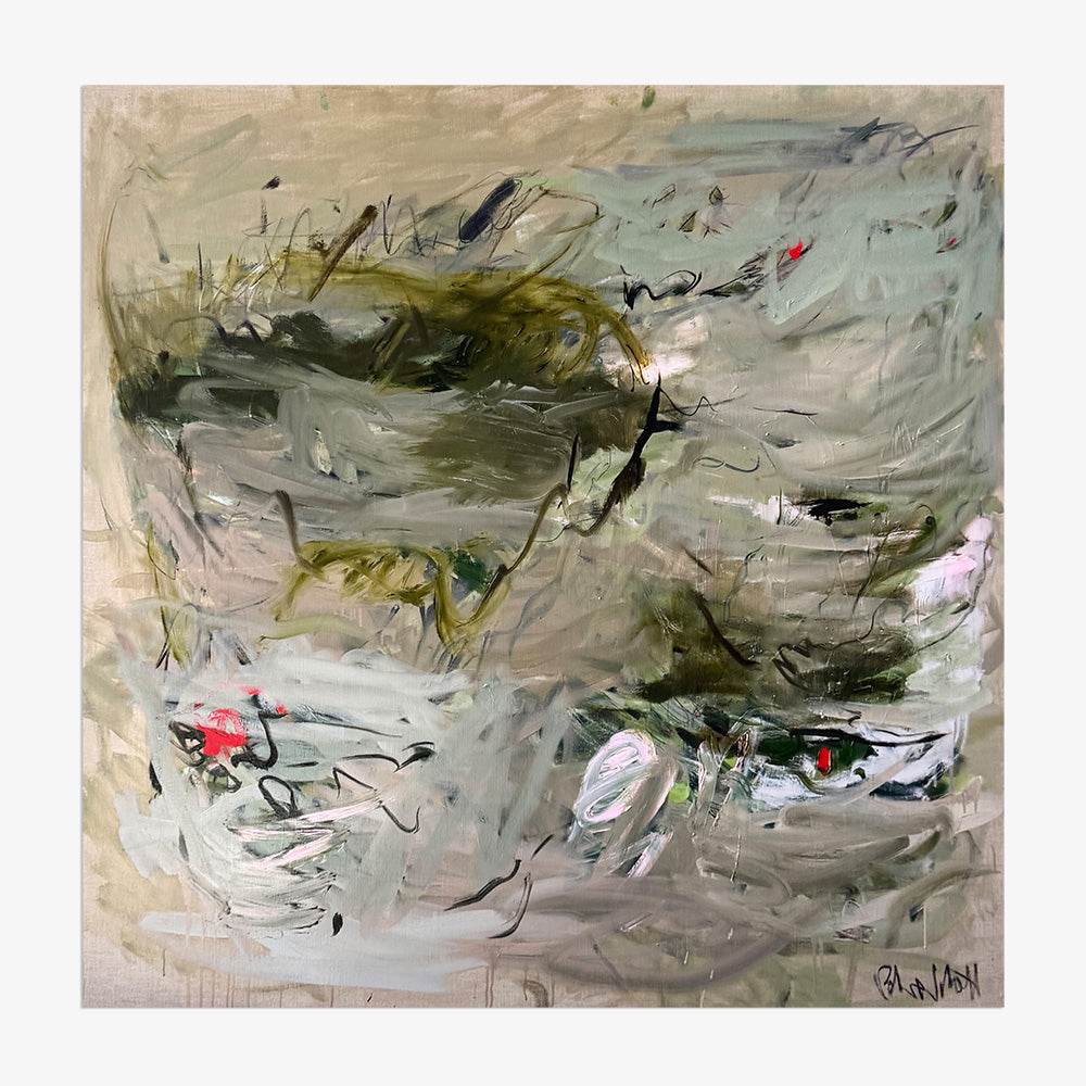 Abstract square painting on canvas with fluid strokes of moss green muted grey and thin black linear elements
