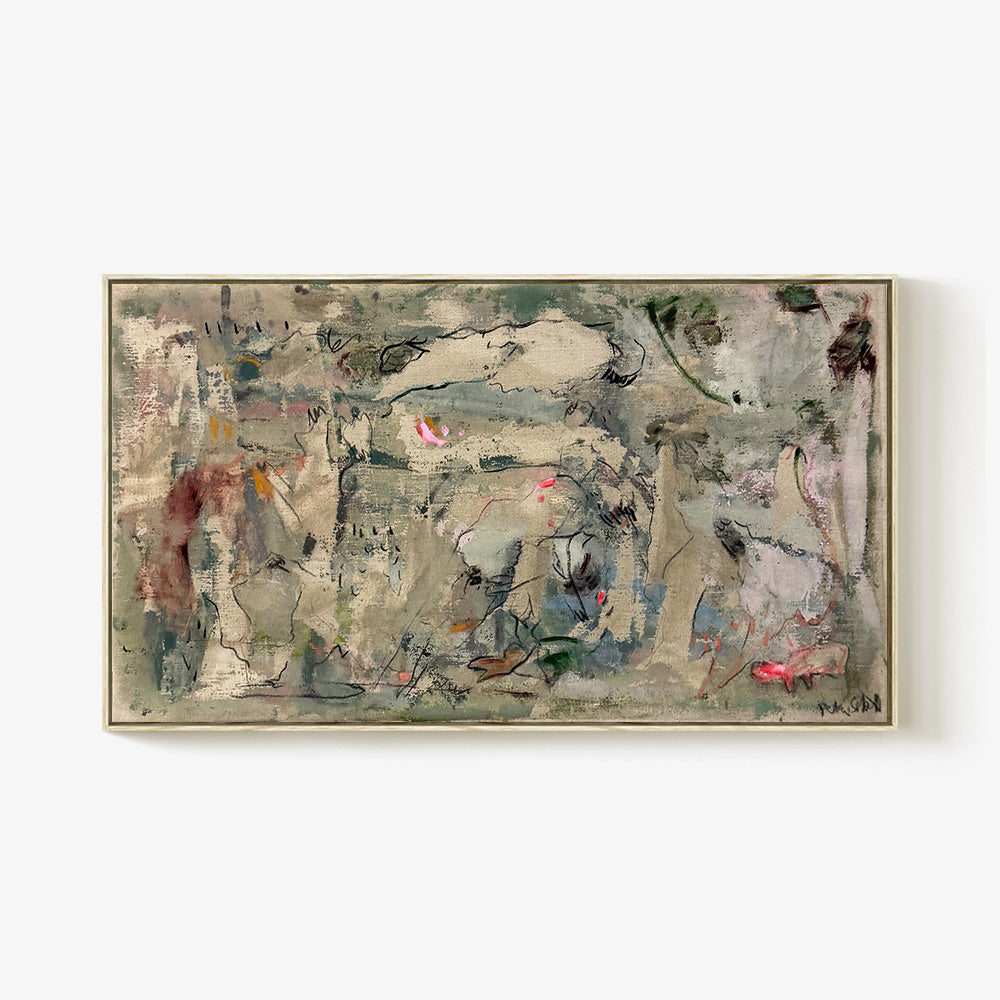 Panoramic abstract painting featuring muted earthy tones soft grey-greens and delicate touches of pink