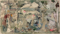 Abstract painting with a textured earthy composition of green grey and brown strokes and fine black lines