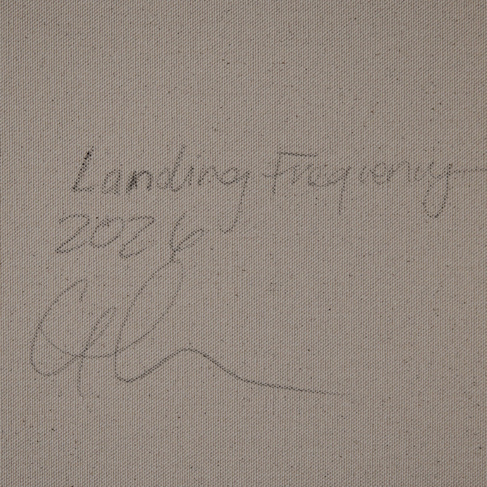Handwritten signature and title on a textured canvas surface