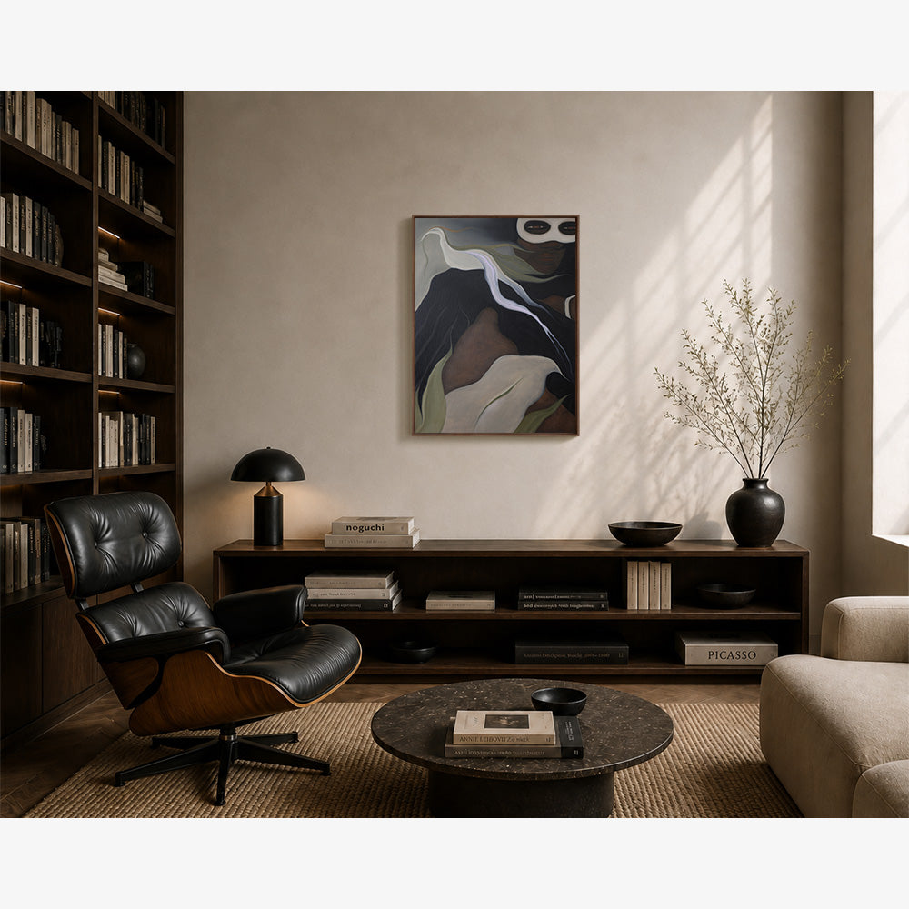 Living room featuring a painting of a masked figure in a wooden frame