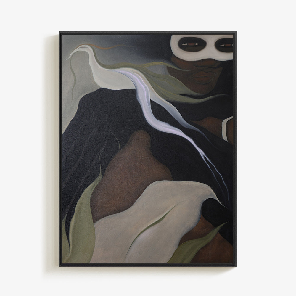 Painting of a masked person with organic leaf-like forms in a black frame