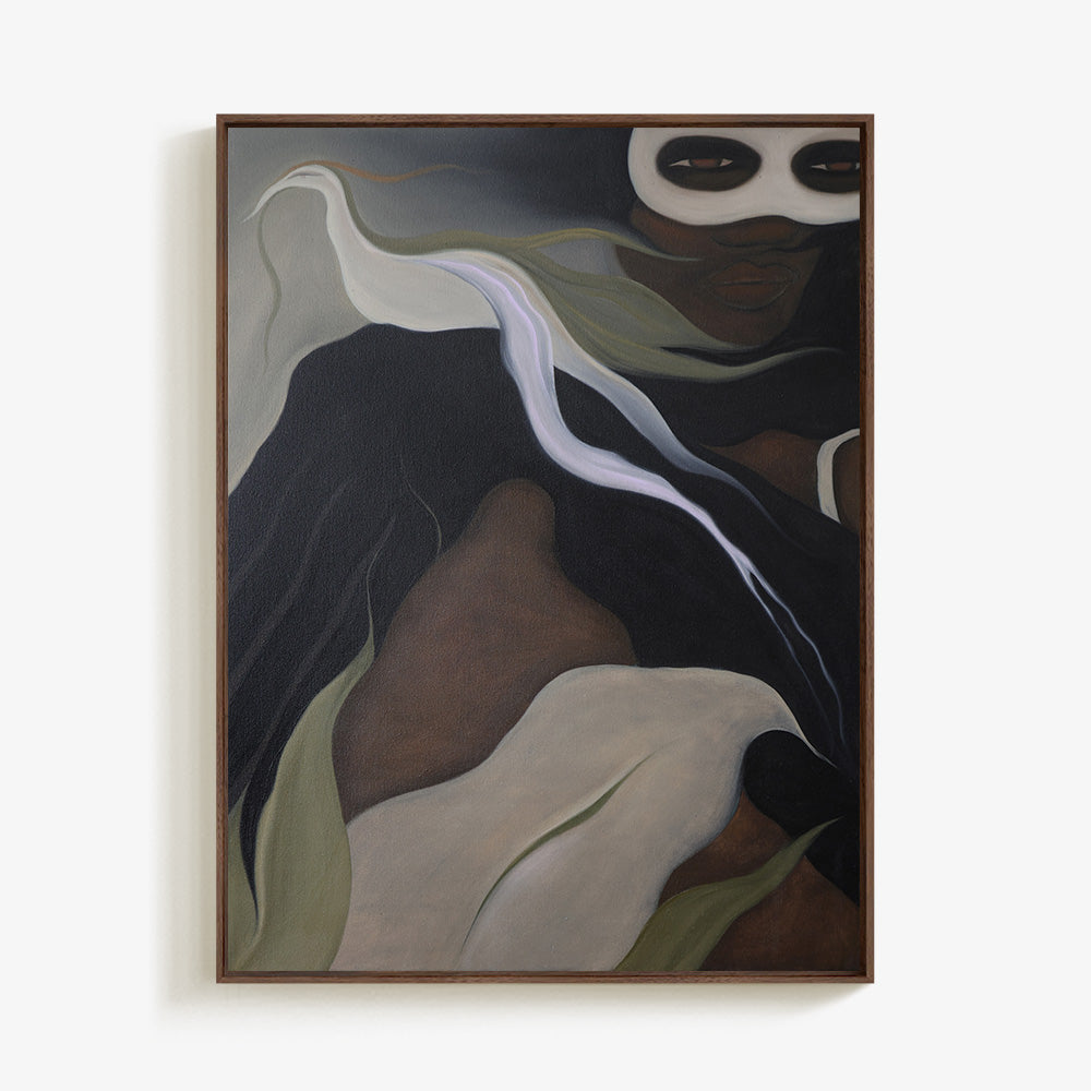 Painting of a masked person with organic leaf-like forms in a walnut frame
