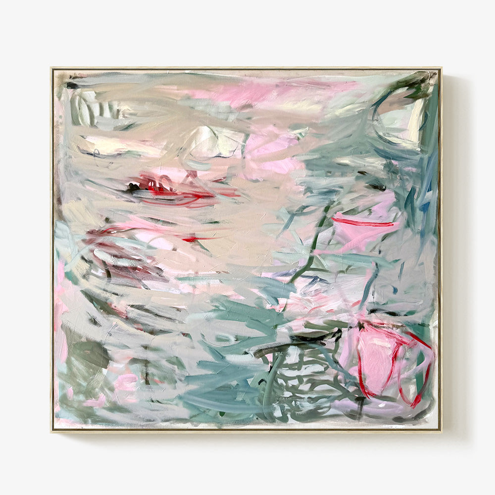 Abstract square painting with layered brushstrokes in soft pink sage green and light grey hues