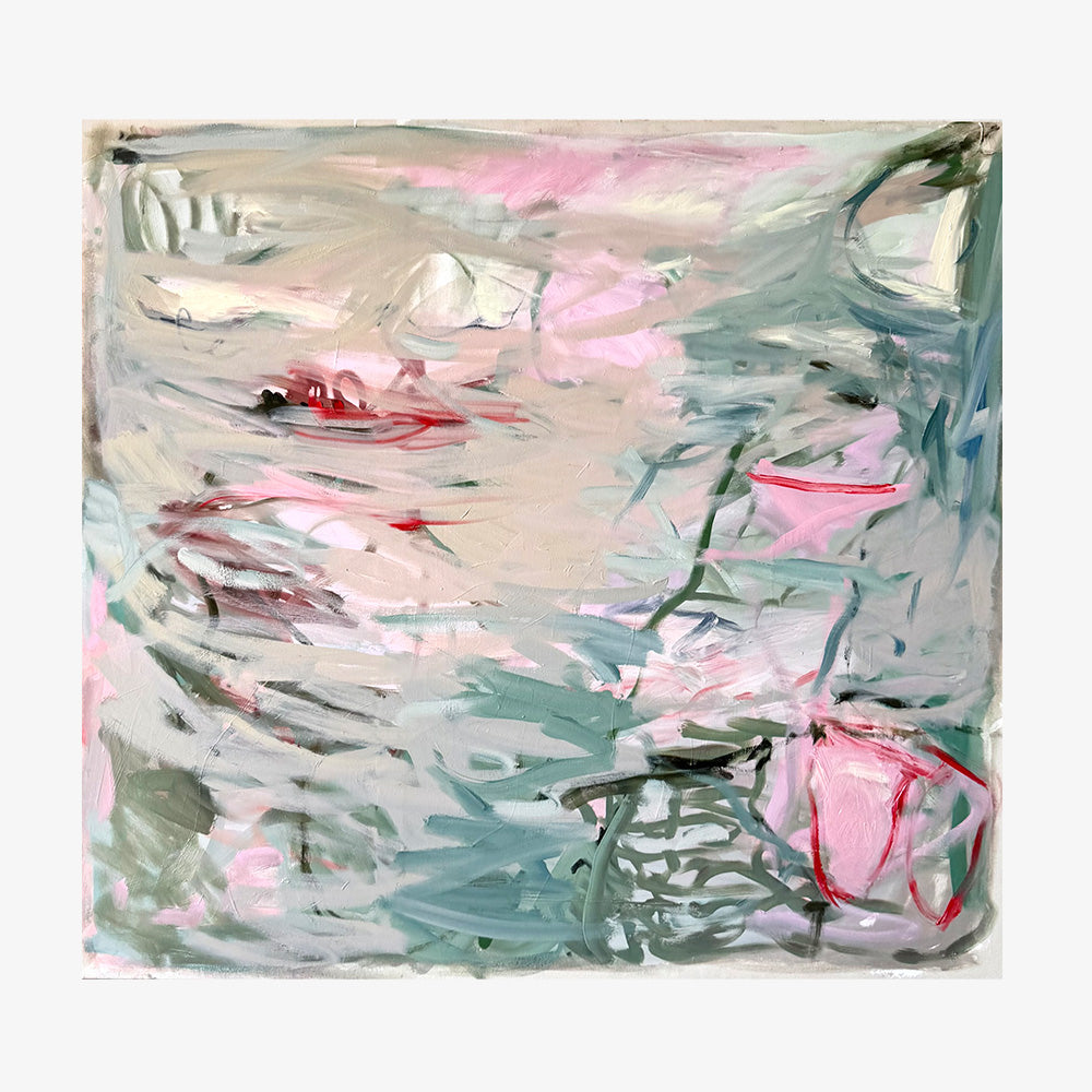 Square canvas with abstract expressionist painting using blended layers of sage green dusty rose and off-white paint
