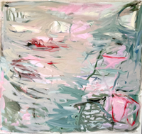 Abstract painting with flowing brushstrokes of soft green pink and neutral grey on a textured canvas