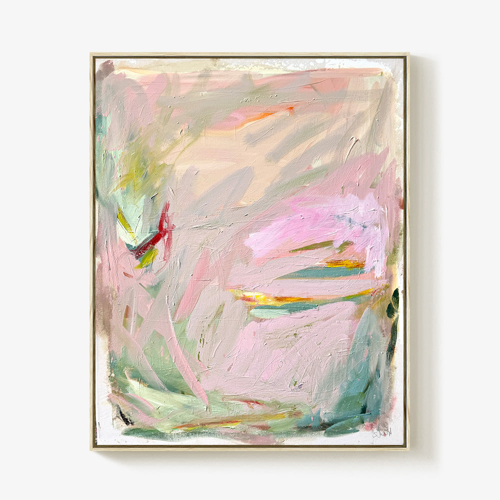 Abstract painting featuring vertical movement in shades of light pink cream green and vibrant yellow highlights