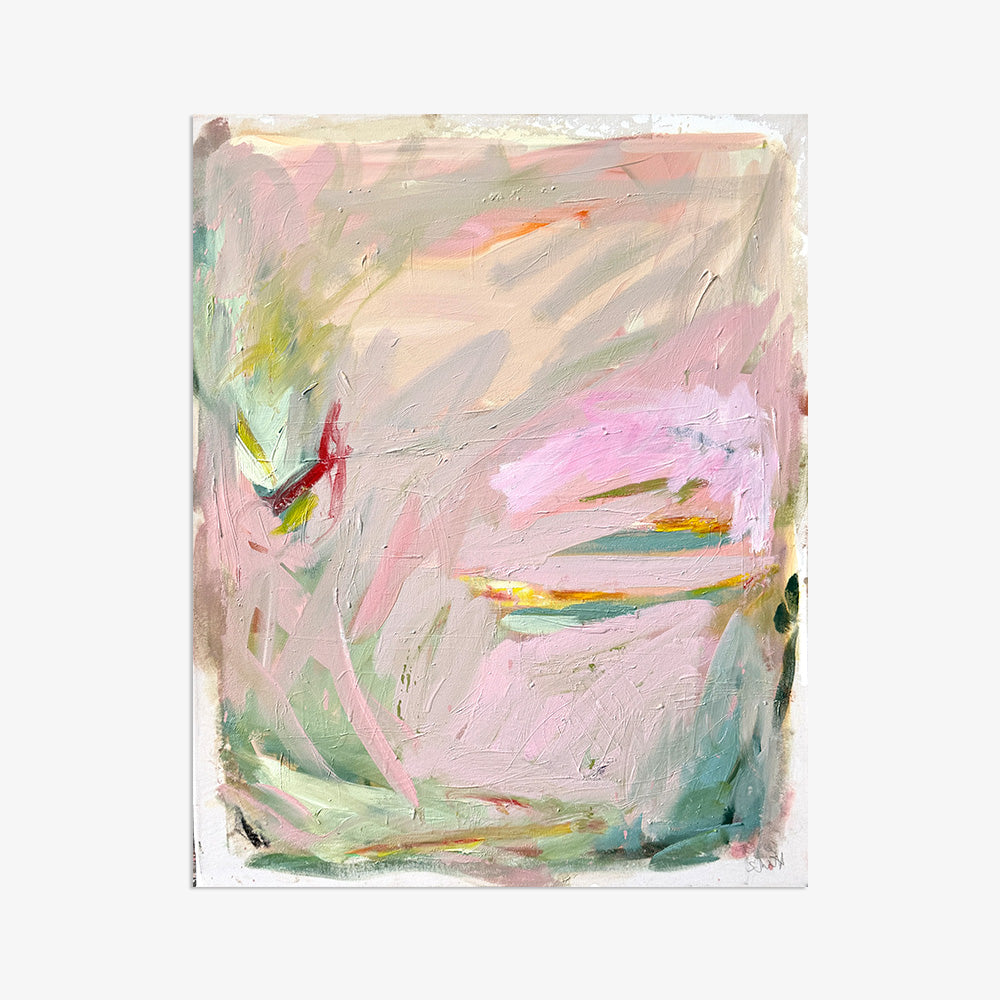 Unframed vertical abstract painting with expressive brushstrokes in pastel pink mint green and sunny yellow tones