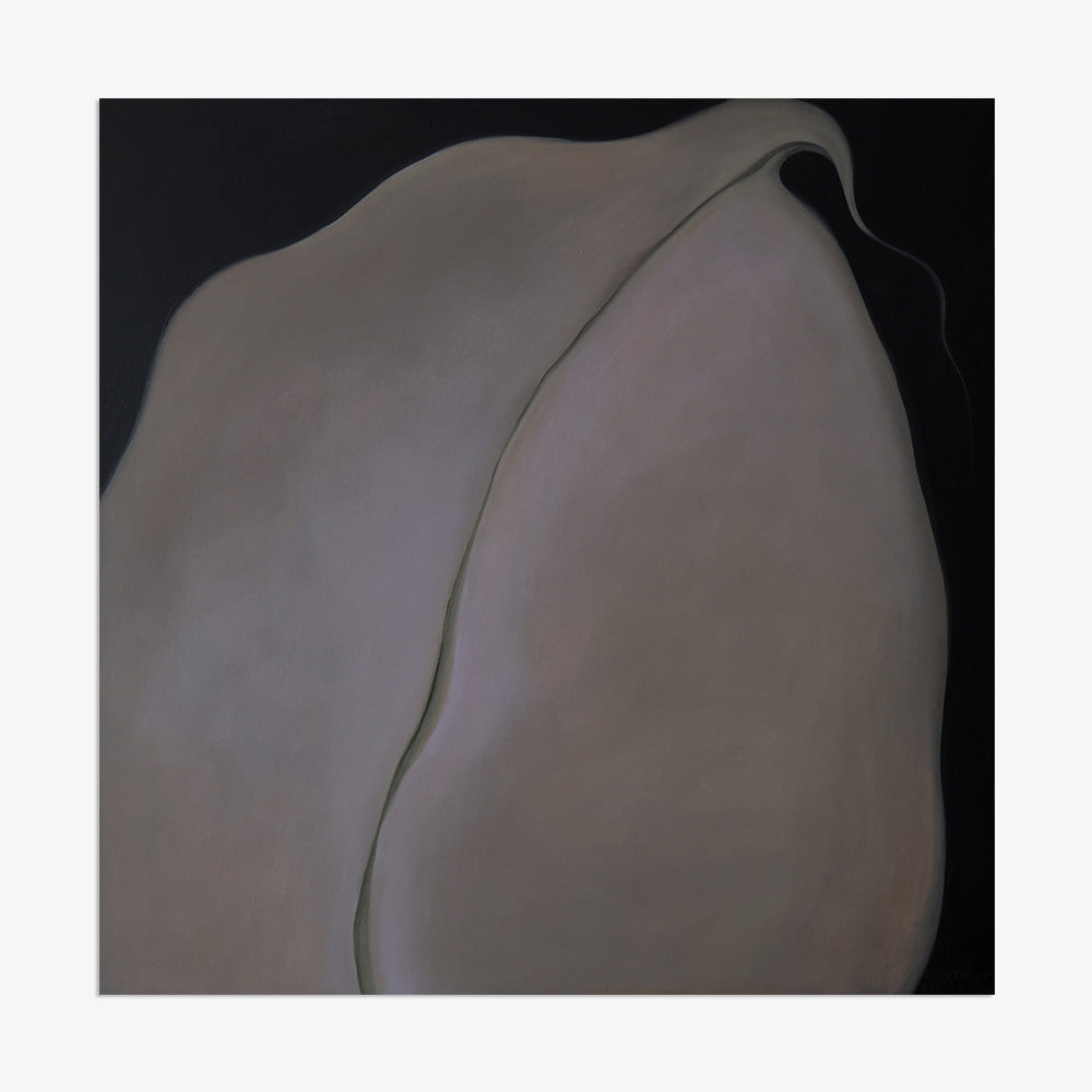 Framed square painting with an organic pale grey central form contrastingly set on a solid black background