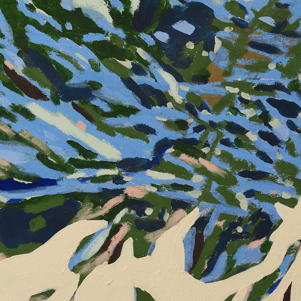 Close-up of the painting Loop and Lil Agree showing layered brushstrokes in shades of blue green and cream