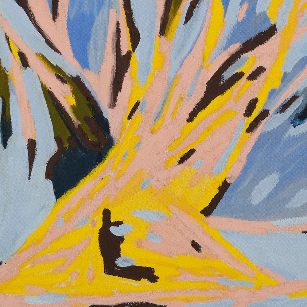 Close up of an abstract painting with bold overlapping strokes of yellow pink and blue against a dark background
