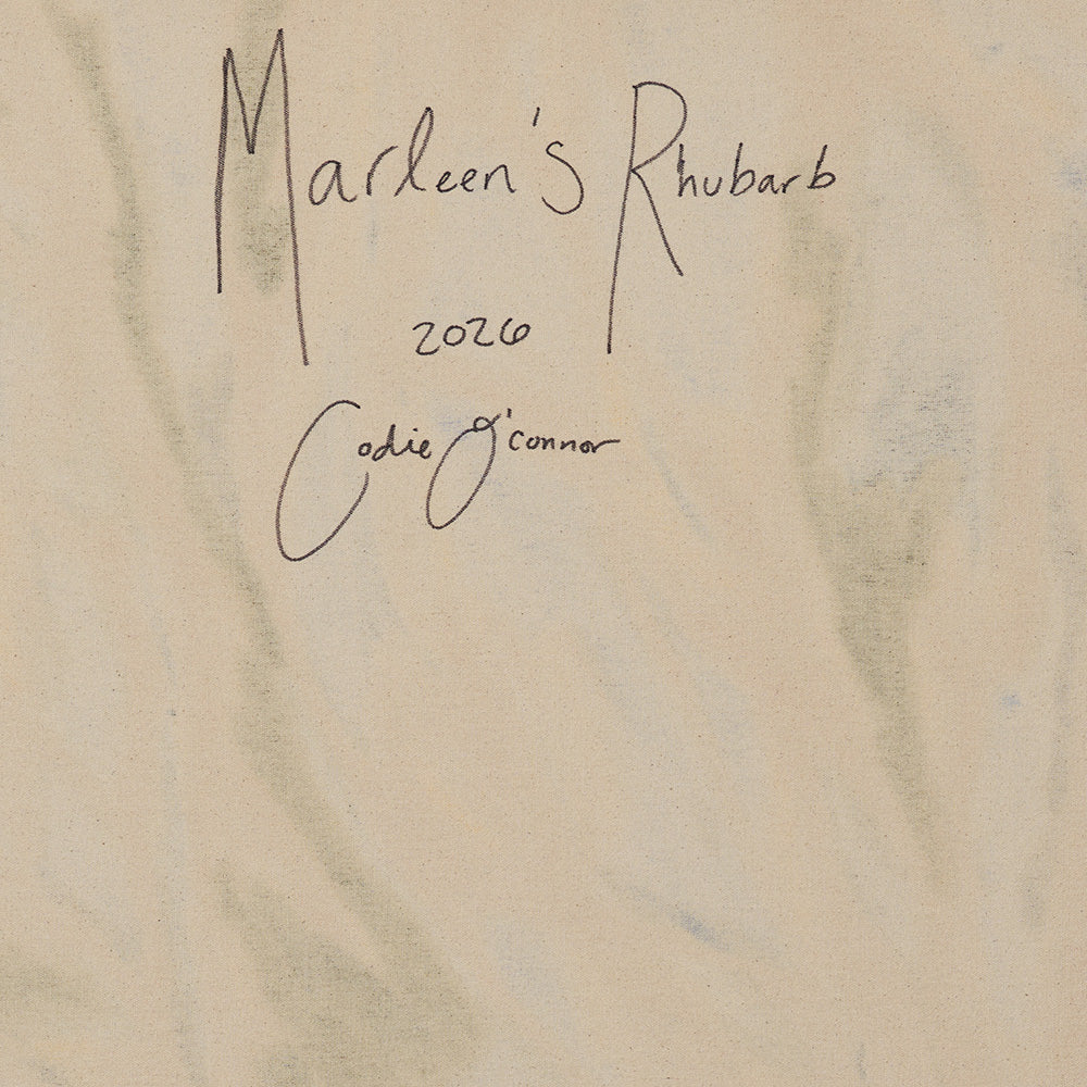 Handwritten artist signature title and year on the back of an abstract painting on cream canvas