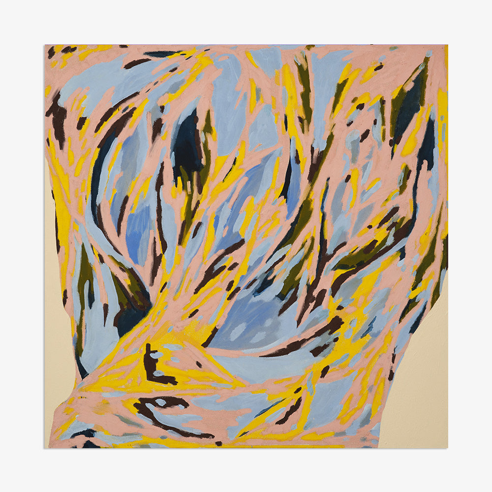 Abstract painting with fluid rhythmic pink yellow and blue shapes on a light beige canvas