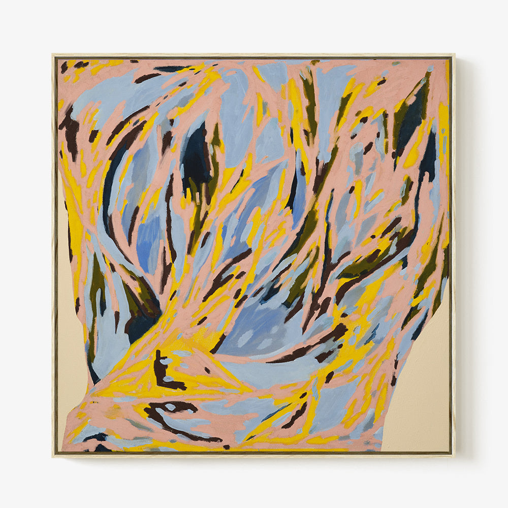 Abstract painting with flowing strokes in light blue pink yellow and dark brown framed in light wood