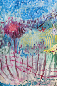 Abstract painting featuring vibrant pink and yellow circular motifs against a bright blue and white background