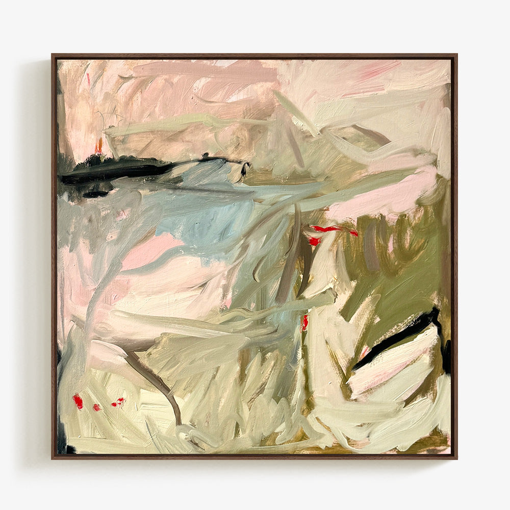Abstract painting by Petra Schott featuring muted earth tones olive green soft pink and bold black brushstrokes