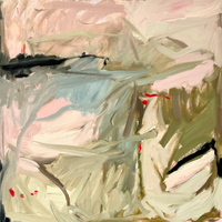 Detail view of an abstract canvas showcasing mixed media textures in shades of olive pastel pink and soft blue