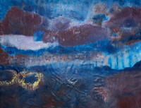 Abstract textured painting in deep blues and purples with bright yellow highlights in the corner