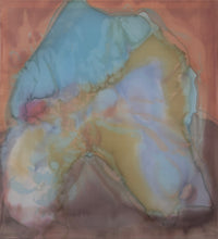 Abstract painting with light blue and pale yellow merging on a muted orange and brown background
