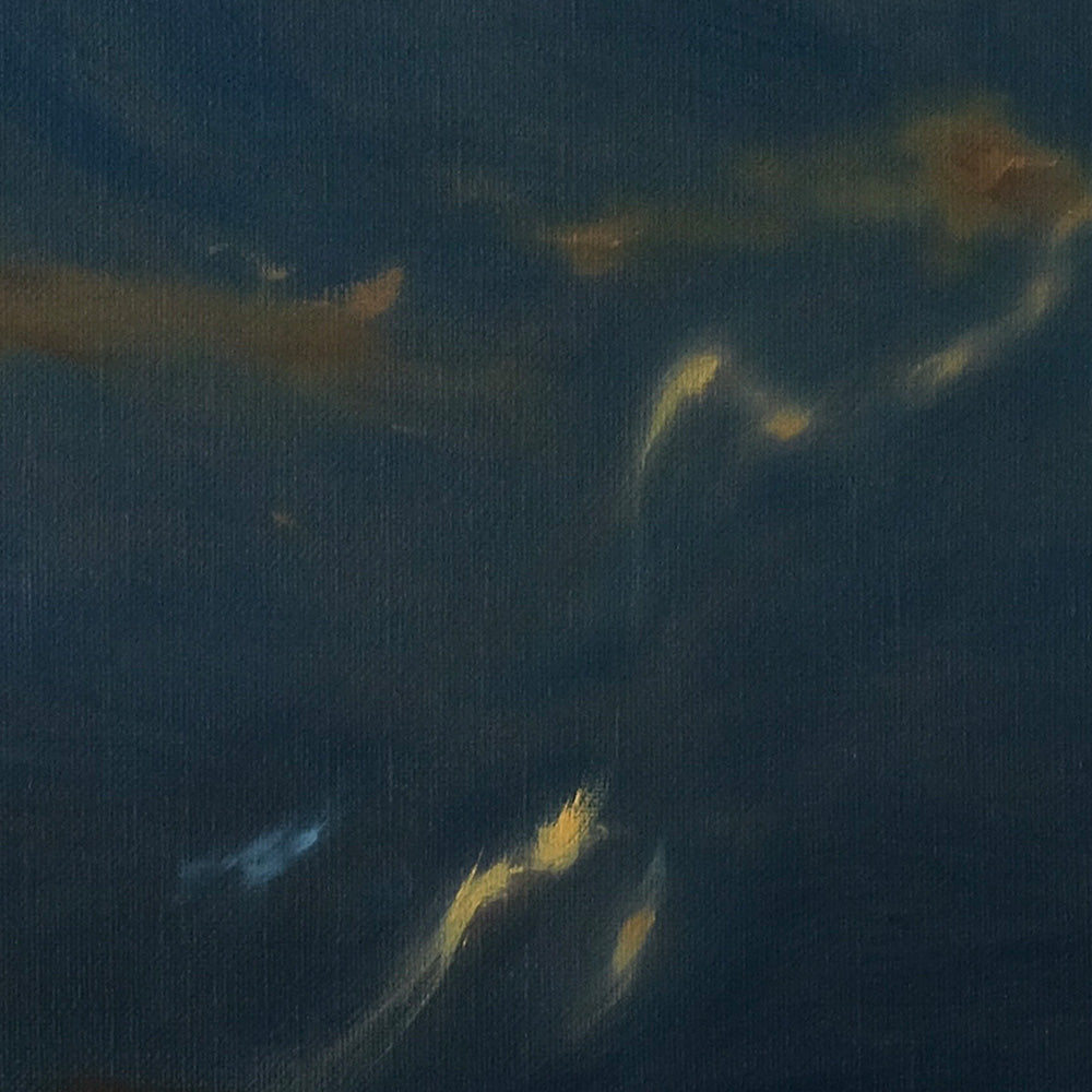 Abstract painting with flowing strokes of gold and blue set against a deep navy blue background