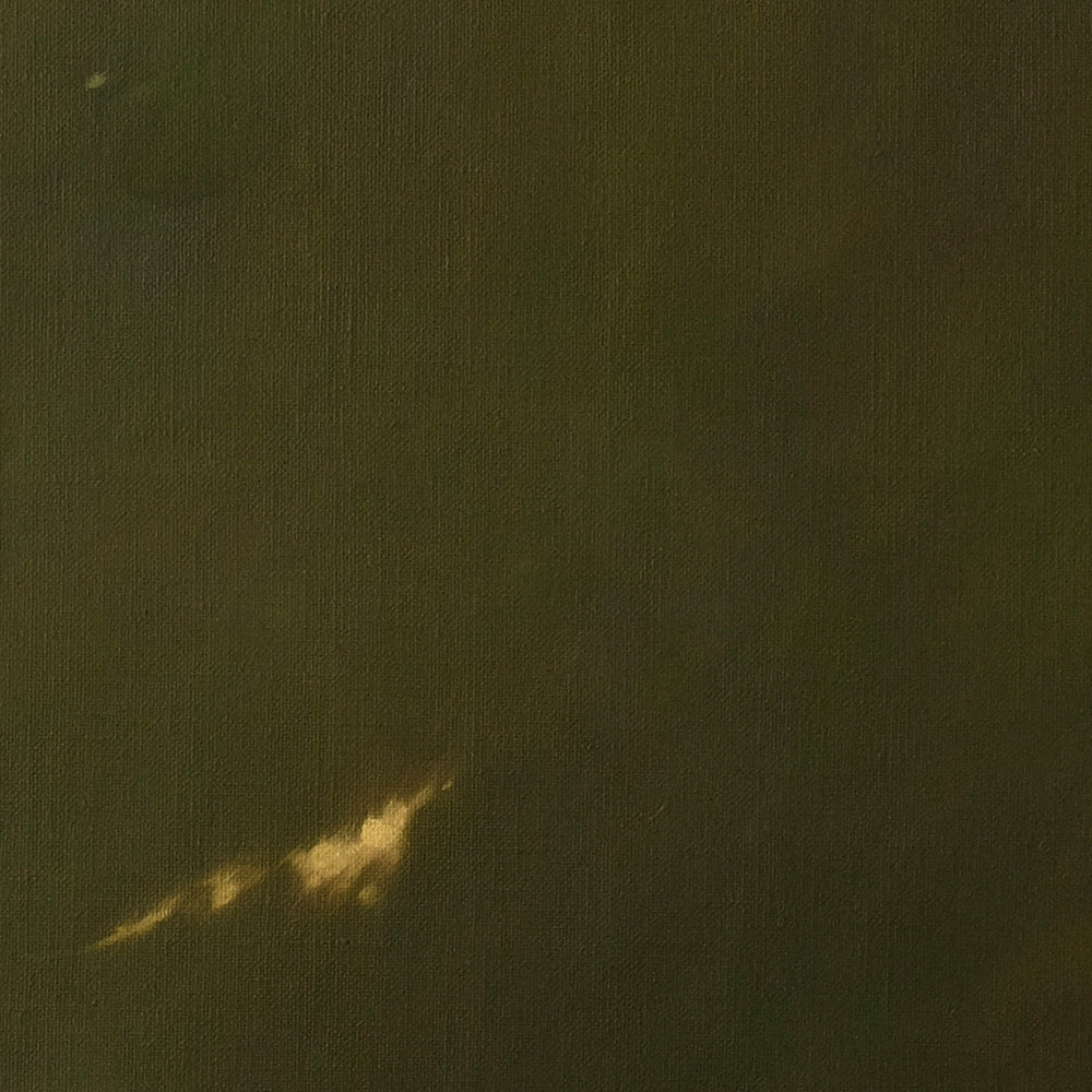 Close-up of a dark abstract painting showing soft illuminated brushstrokes on a coarse canvas texture