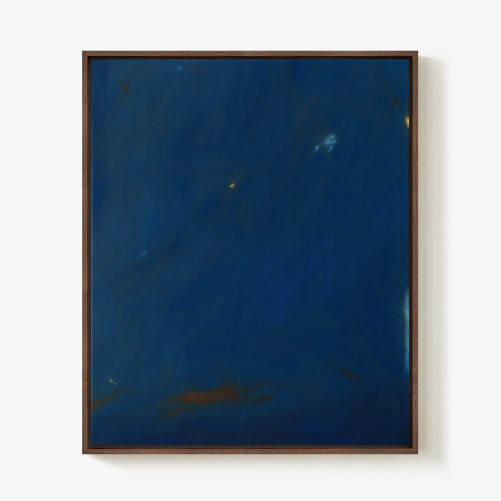 Abstract painting Nocturnal Current II by Jihyeon Park in a dark brown frame featuring deep blue with some orange