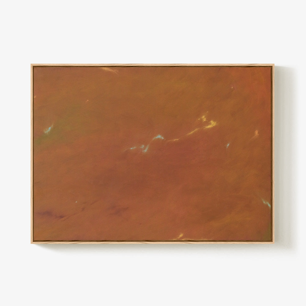 Abstract painting Nocturnal Current III by Jihyeon Park in a light wooden frame featuring shades of reddish-brown