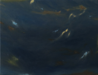 Abstract expressionist painting with deep navy blue background and wispy highlights of gold and light blue