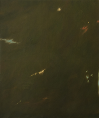Abstract painting featuring deep green and brown tones with scattered glowing light effects