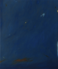 Deep blue painting with soft white and brown painterly accents suggesting a distant nocturnal landscape