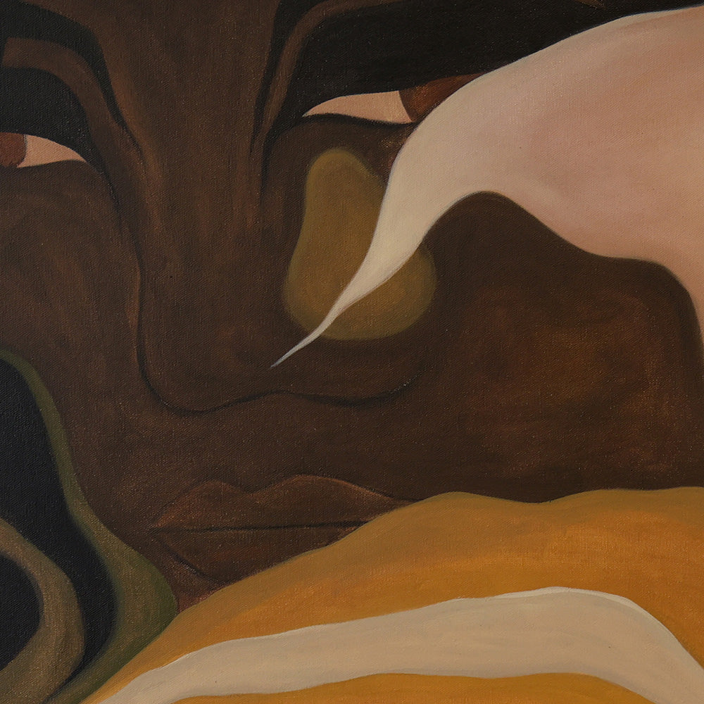 Close-up of an oil painting featuring a persons face with abstract flowing shapes in brown yellow and beige