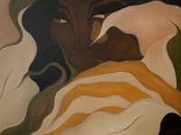 Painting of a persons face rendered in abstract styles with wavy shapes in shades of brown yellow and cream
