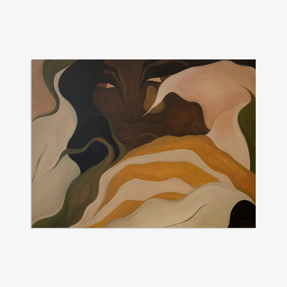 Abstract oil painting depicting a human face emerging from soft undulating forms in neutral muted earth tones