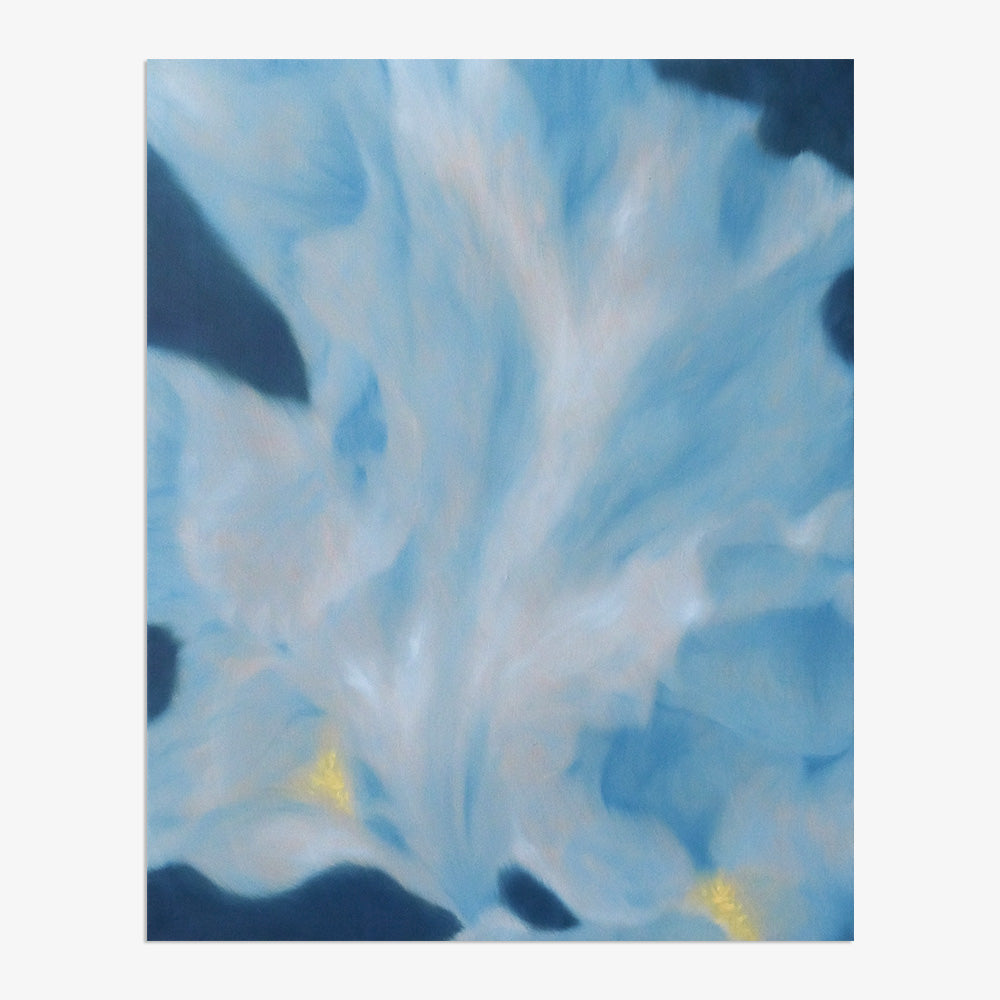 Abstract painting featuring flowing blue textures and small touches of yellow against a dark background