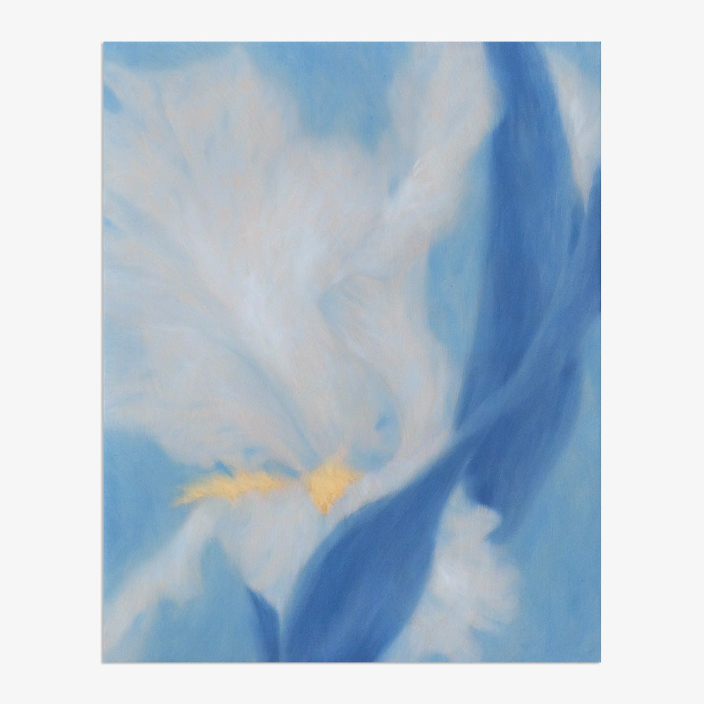 Abstract painting displaying delicate white and blue brushstrokes with a subtle gold center detail