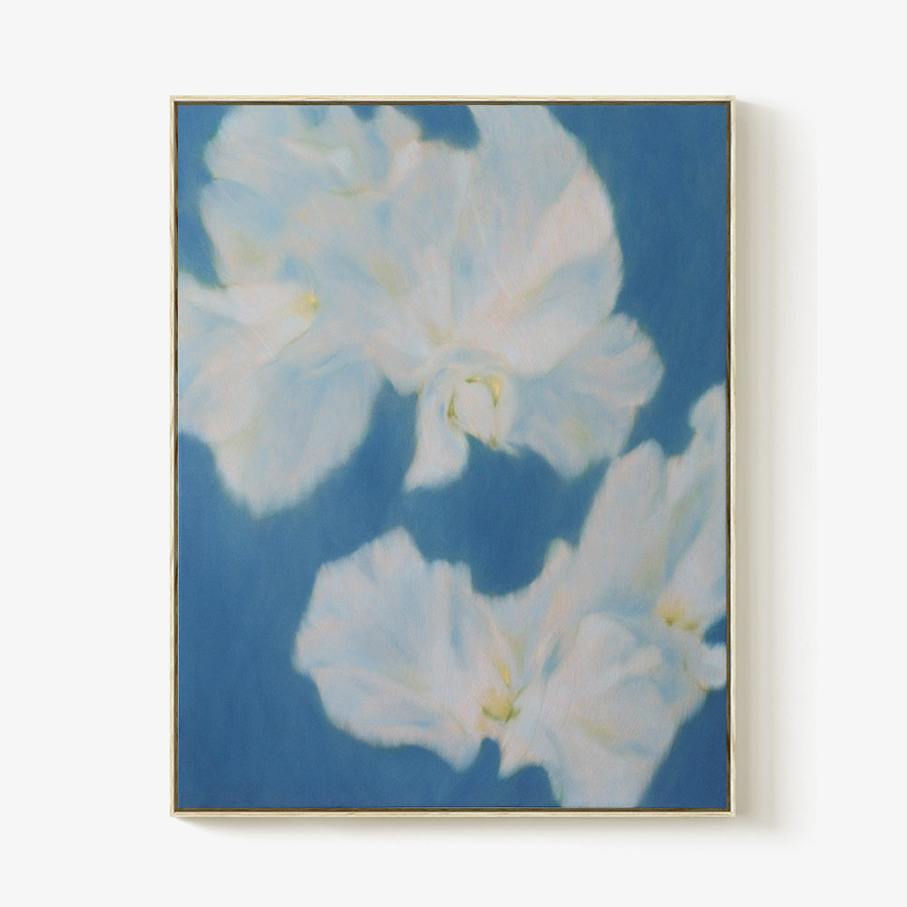 Jihyeon Parks Onde Profonde V painting featuring soft white flowers against a blue background framed