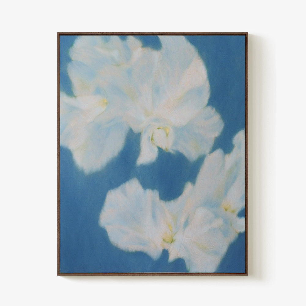 Abstract painting titled Onde Profonde V featuring two white blossoms on a blue background in a wooden frame