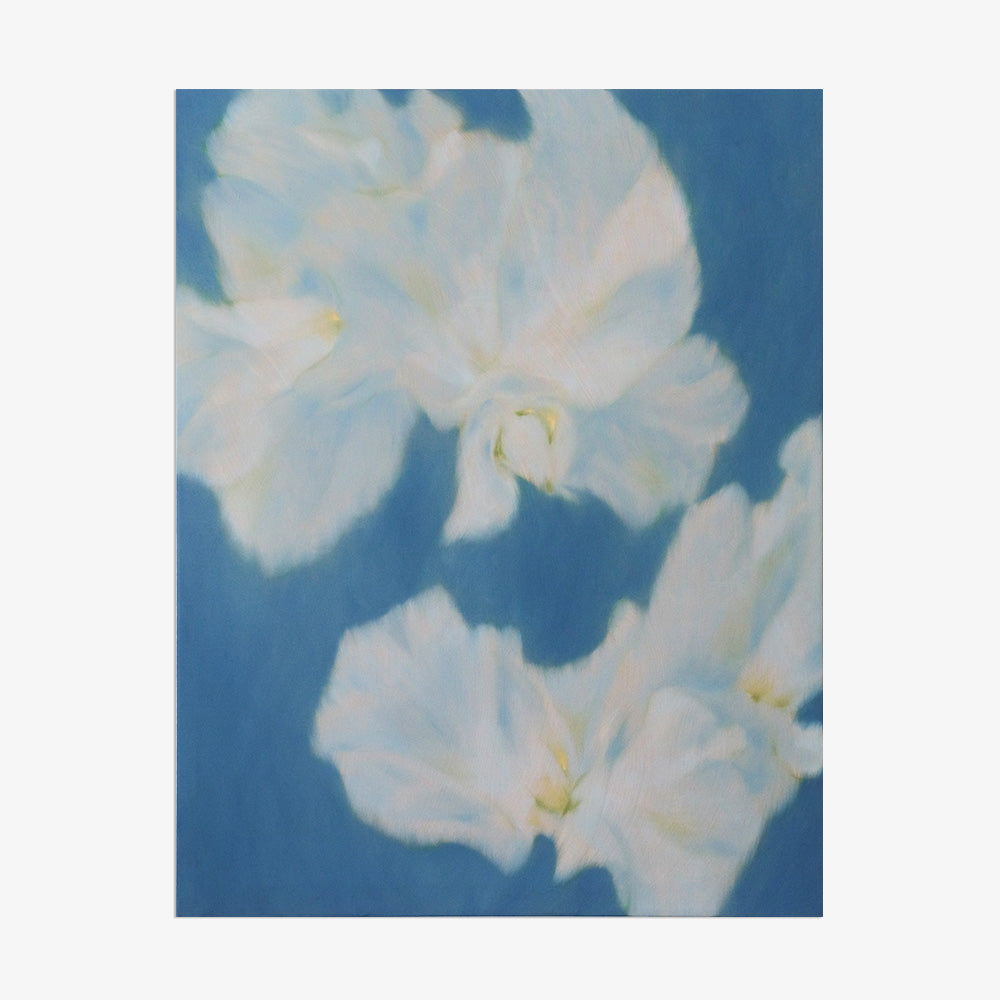 Abstract painting titled Onde Profonde V by Jihyeon Park showing two white blossoms on a blue background