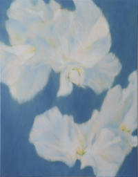 Painting depicting delicate white petals arranged on a saturated blue background