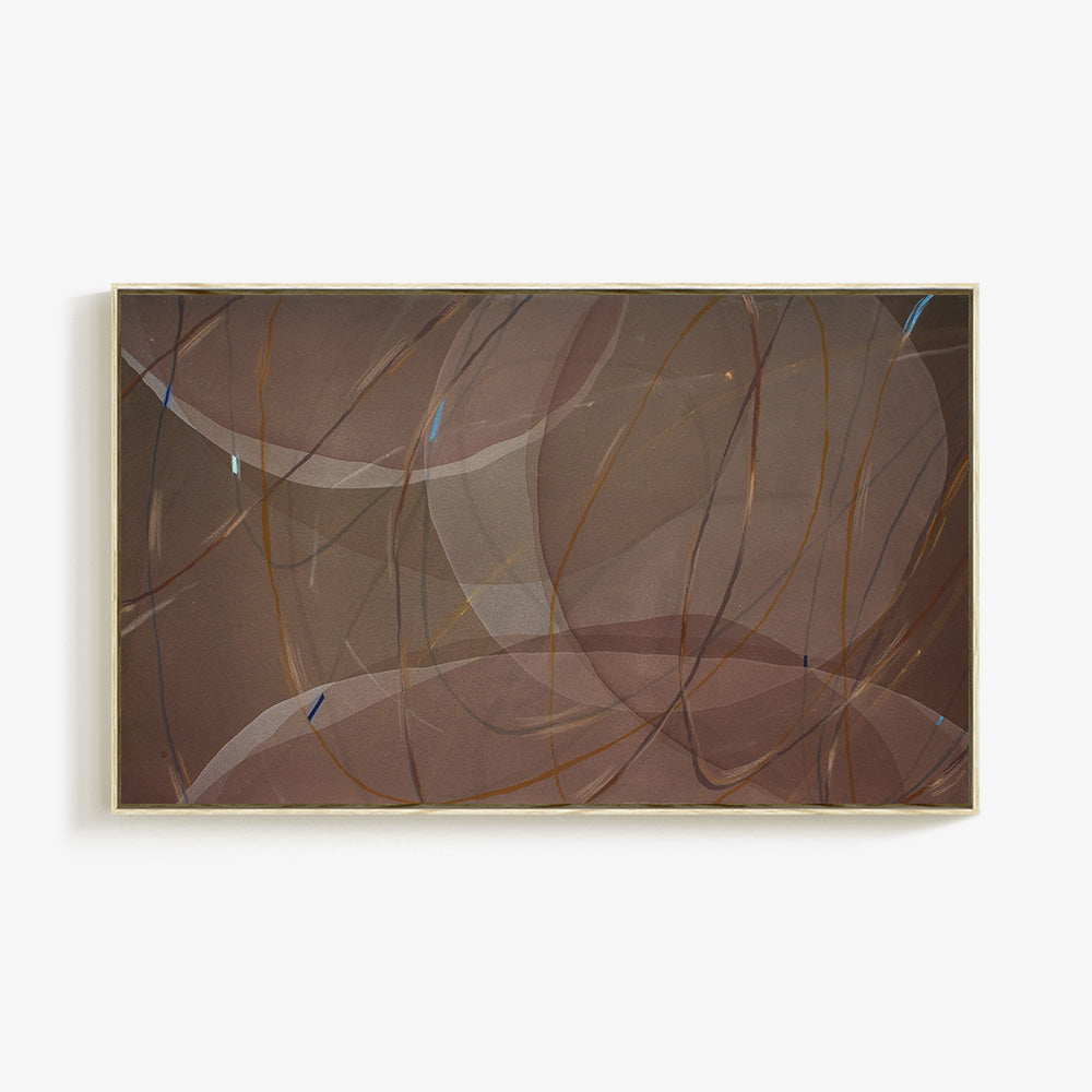 Horizontal abstract painting with a slim frame displaying flowing golden and blue lines on a warm brown field