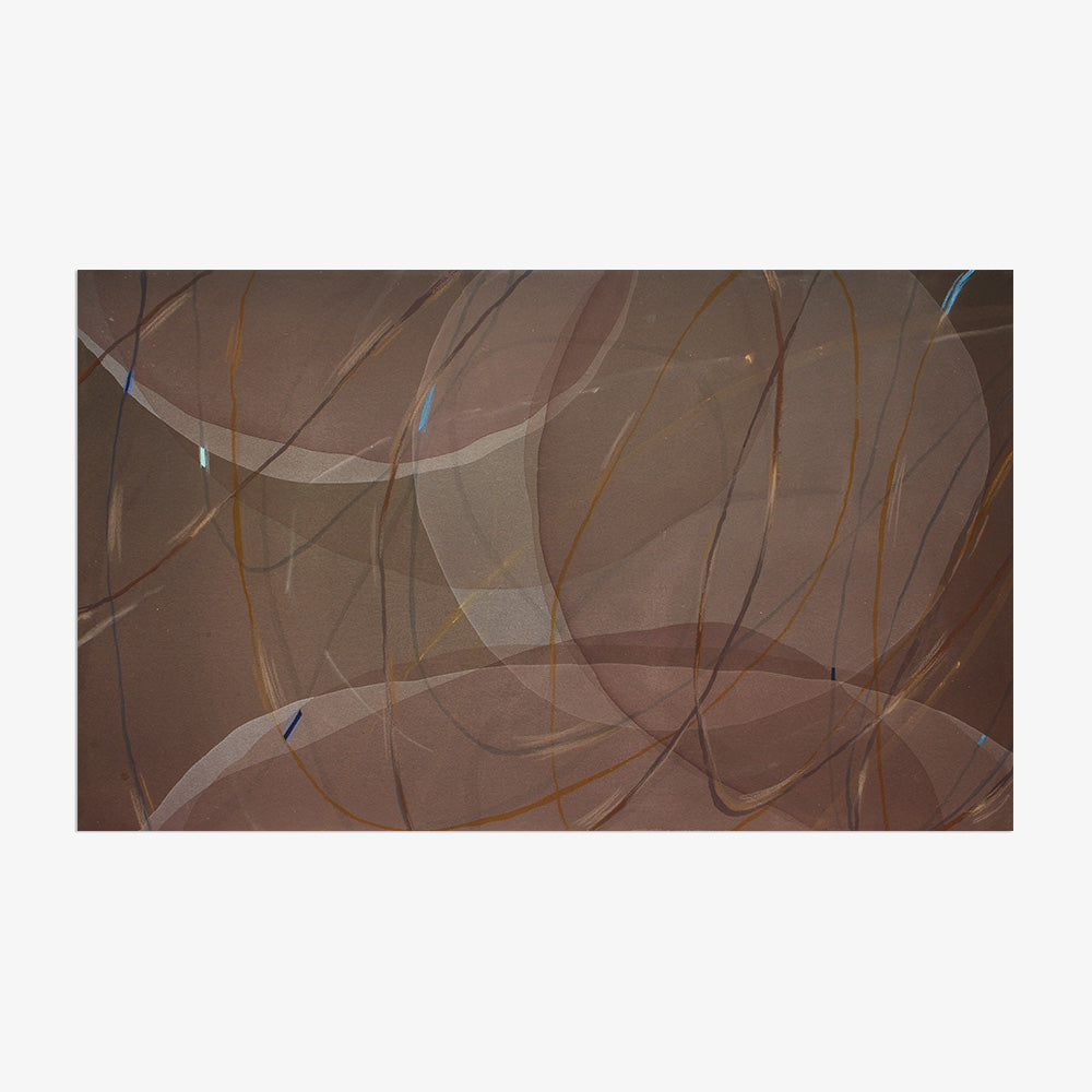 Abstract painting with soft overlapping circular shapes and faint delicate lines in muted brown and gold tones