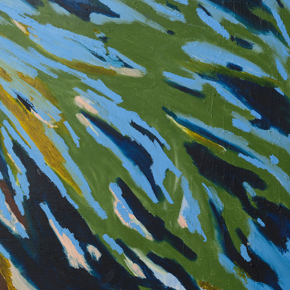 Abstract painting featuring dynamic flowing brushstrokes in shades of forest green light blue and deep black