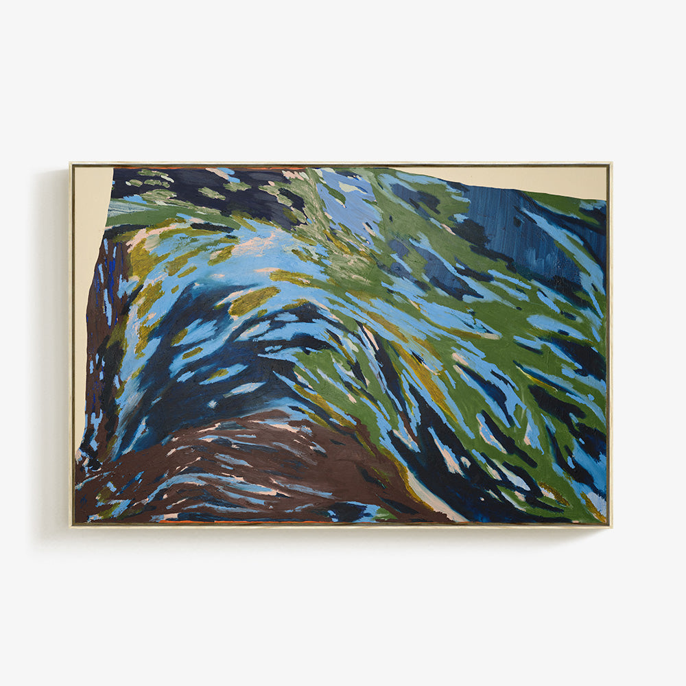 Abstract painting titled Ruki at 4am featuring blue green and brown brushstrokes on a light background framed