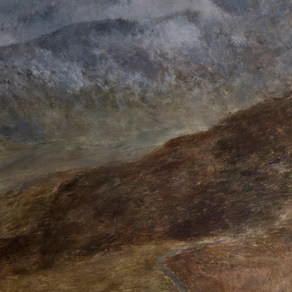 Close-up of the Scottish Highlands 01 painting showing brown and green hills leading to snow-capped mountains